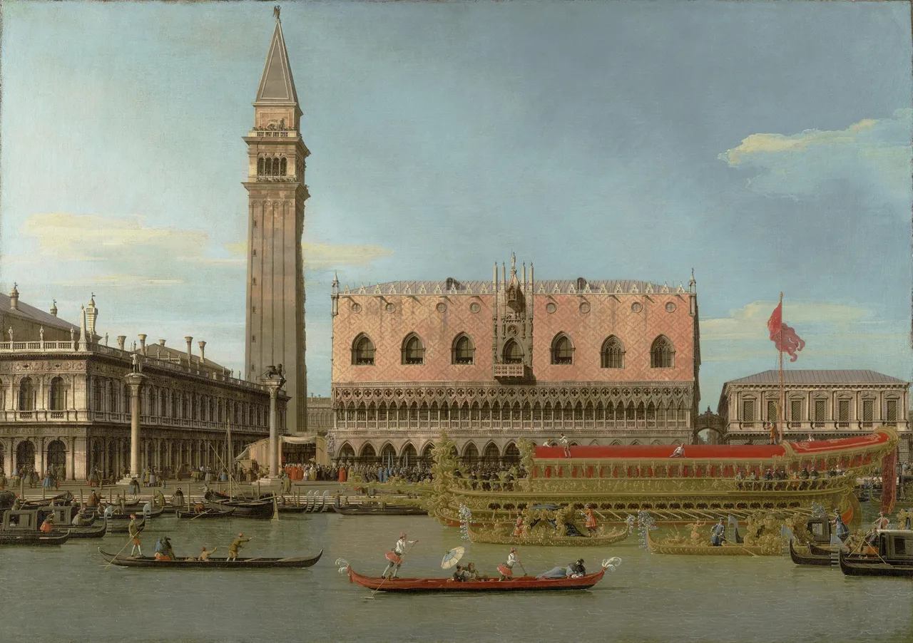 O Bucintoro no Molo no Dia da Ascensão, pintura de Canaletto, cerca de 1745: o Palácio Ducal e o campanário de São Marcos vistos da água, com embarcações em primeiro plano.