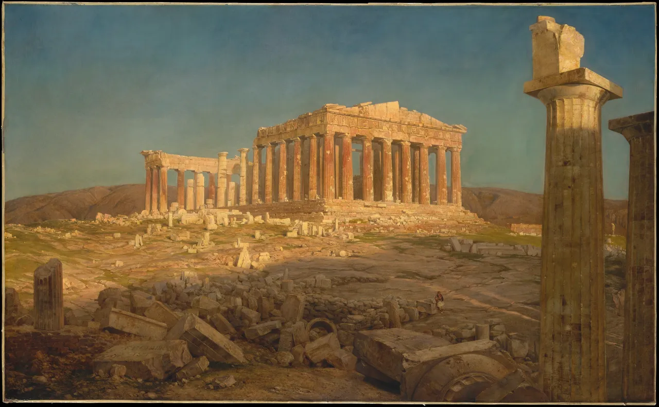 The Parthenon, pintura de Frederic Edwin Church, 1871: o templo em pedra clara sobre a Acrópole, com blocos de mármore caídos em primeiro plano.