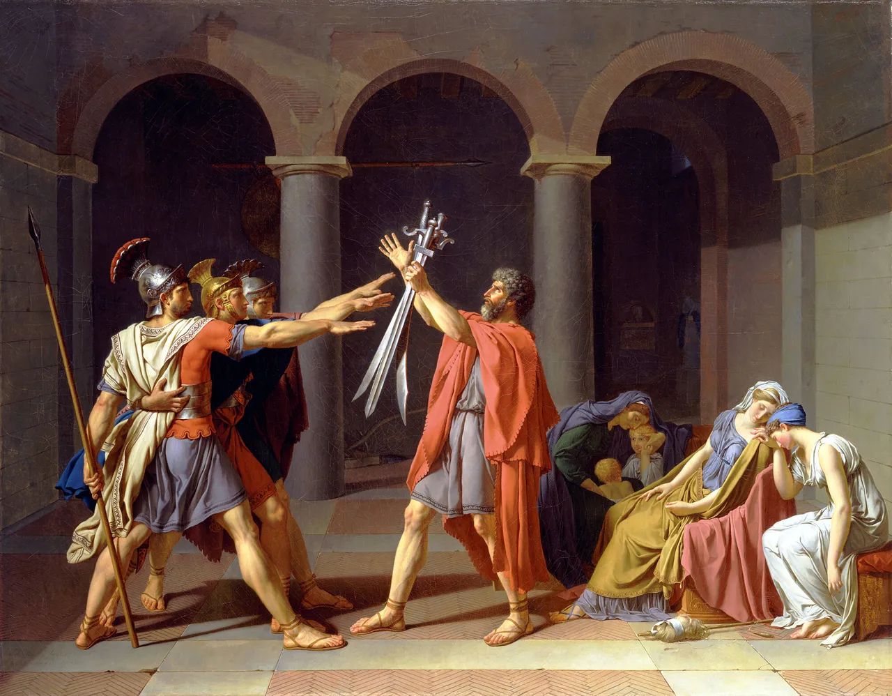 O Juramento dos Horácios, pintura de Jacques-Louis David, 1786: três irmãos erguem o braço em juramento diante do pai, que lhes entrega espadas, com as mulheres da família reunidas à direita.