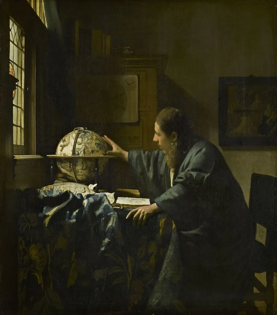 Um astrônomo sentado à mesa, com a mão sobre um globo celeste diante de uma janela, pintura de Johannes Vermeer, c. 1668.